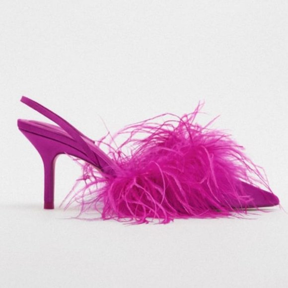 Zara Feather Detail Slingback Heels Fuchsia NWT - Picture 7 of 17